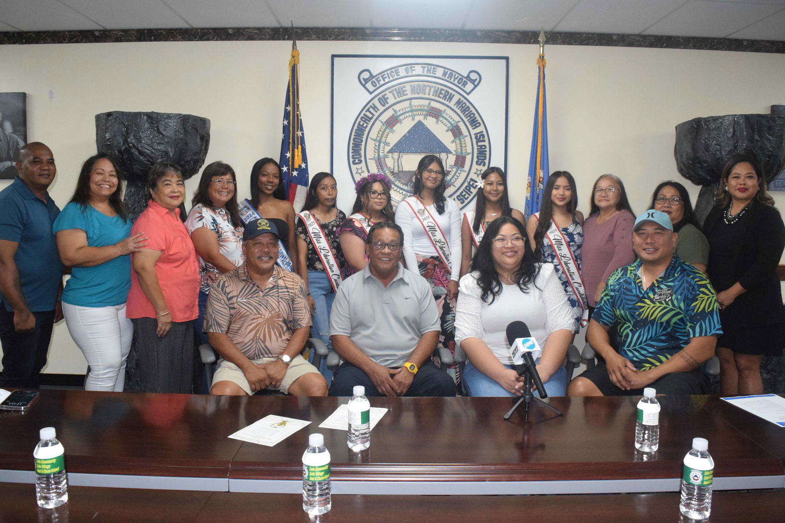 The 2025 Liberation Queen candidates pose for a photo with Saipan Mayor Ramon Blas "RB" Camacho, Rota Mayor Aubry Hocog, Tinian Mayor Edwin S. Alan, Hågat, Guam Mayor Kevin J.T. Susuico, Saipan and Northern Islands Municipal Councilwoman Carmen C. Pangelinan, and the officials of the Liberation Day Committee.Photo by Emmanuel T. Erediano