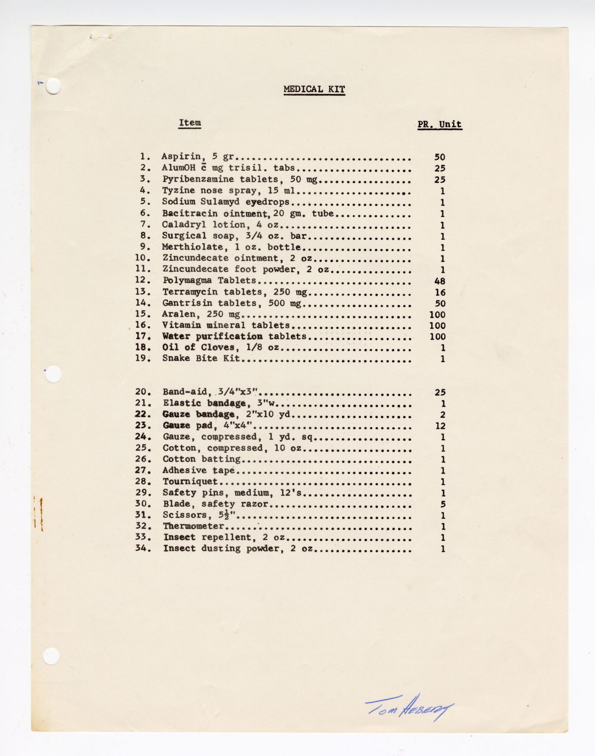 Medical kit inventory 1966.