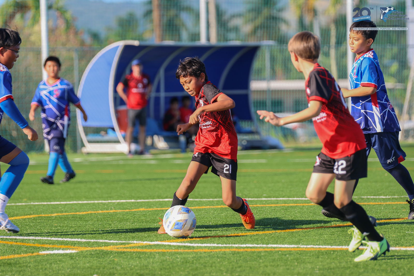 Paire Football Club’s Jaydin Camacho pushes forward after gaining possession of the ball during a match against Shirley’s Football Club in the U12 boys division of the TakeCare Youth Soccer League Spring 2025 at the NMI Soccer Training Center on Sunday.NMIFA photo