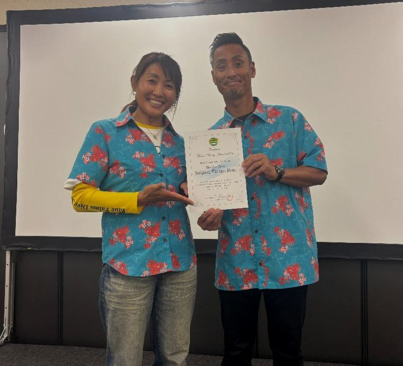Megumi Takaku Shimada of Blue Palms Dive Service Rota, left, and Suguru Takahashi of Makesure Diving represent The Marianas —  including the islands of Saipan, Tinian, and Rota —  in receiving the 2nd place award for Best Diving Area Overseas at Marine Diving Awards in Tokyo, Japan, on April 4, 2025. The Marianas Visitors Authority attended the awards ceremony and the accompanying Marine Diving Fair to promote the destination and its diving attractions.