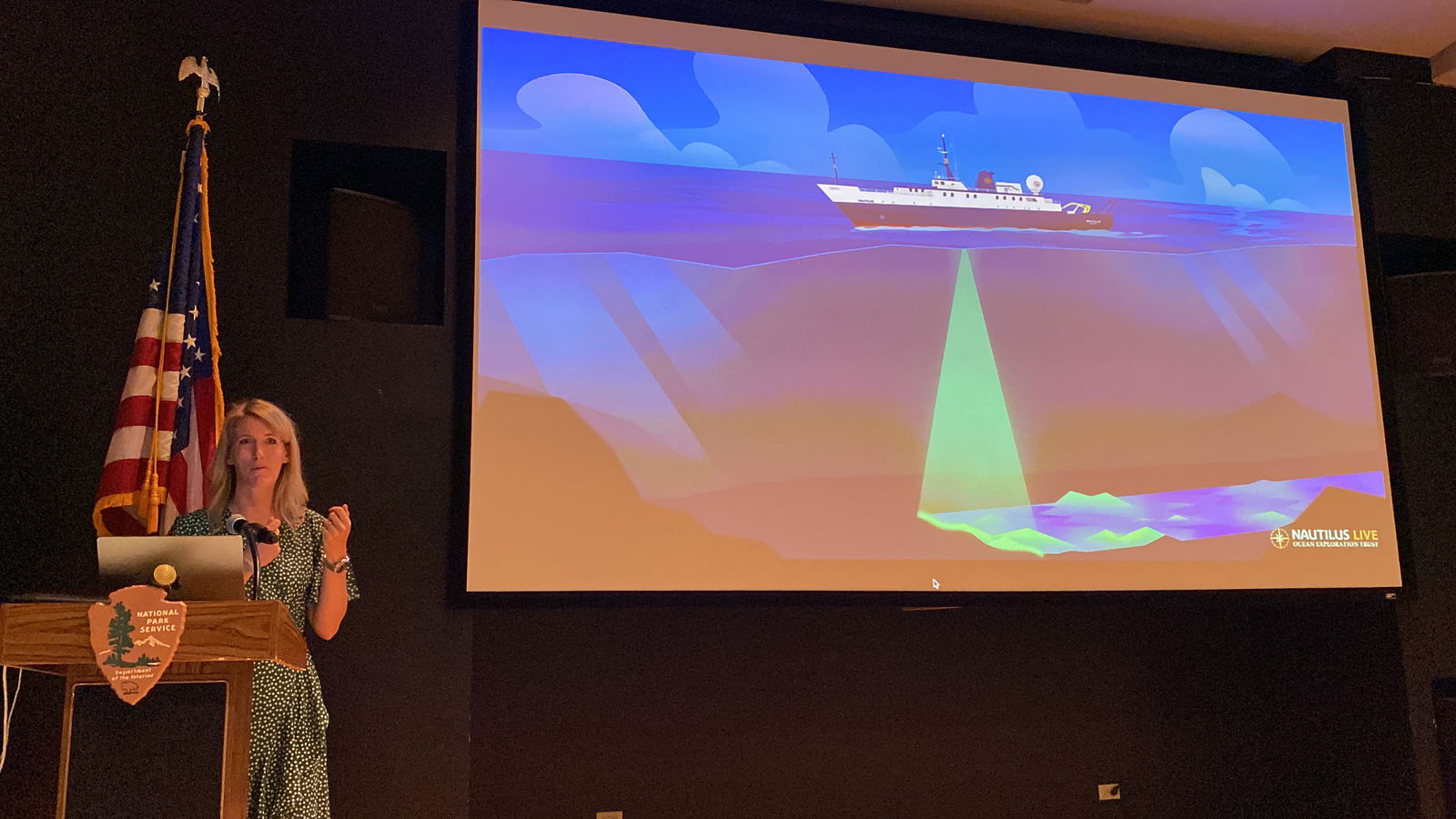 Megan Cook, Ocean Exploration Trust’s education and outreach director, talks about the technology Exploration Vessel Nautilus uses to map the ocean floor.