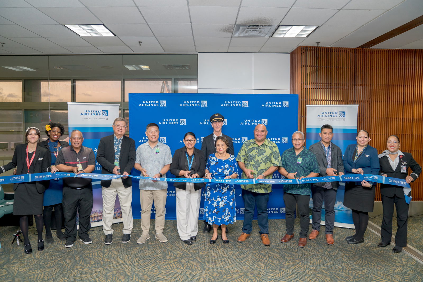 United Airlines partners with the Guam Visitors Bureau and the Guam International Airport Authority to host a gate celebration on April 2, 2025, at the A. B. Won Pat International Airport, Guam, to commemorate the inaugural flight of the United Airlines Guam-Taipei service. United operates the new twice-weekly service between the two cities on Wednesdays and Saturdays. Pictured from left are Tammy Ramirez, flight attendant, United Airlines; Alenna Elstak, flight attendant, United Airlines; John “JQ” Quinata, executive  manager, Guam International Airport Authority; George Chiu, chairman, Guam Visitors Bureau;  Chia-Ping Liu, director general, Taipei Economic and Cultural Office in Guam; Tammy Castro, general manager of Guam and Saipan, United Airlines; Matt Rucando, captain, United Airlines; Lou Leon Guerrero, governor of Guam; Joshua F. Tenorio, lt. governor of Guam; Jesse Lujan, Senator, 38th Guam Legislature; Brian Bamba, chairman, Guam International Airport Authority; Shauna Gigi, flight attendant, United Airlines; and Jennifer Torres, flight attendant, United Airlines.United Airlines photo