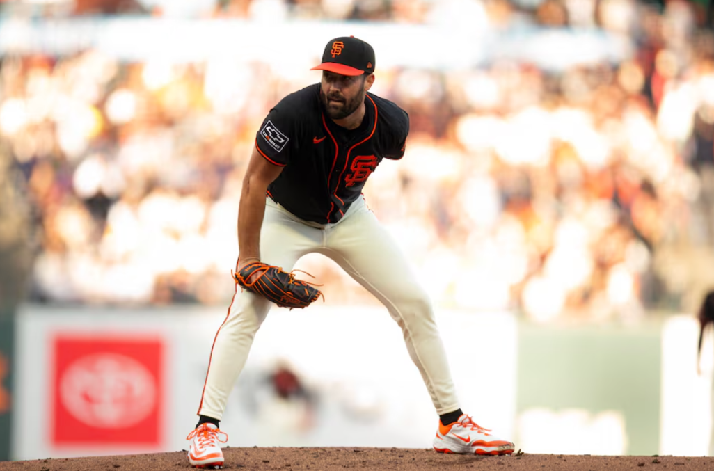 San Francisco Giants starting pitcher Robbie Ray (38) looks in for the sign as he works against the Seattle Mariners during the first inning at Oracle Park in San Francisco, California, April 5, 2025.Photo by D. Ross Cameron/Imagn Images