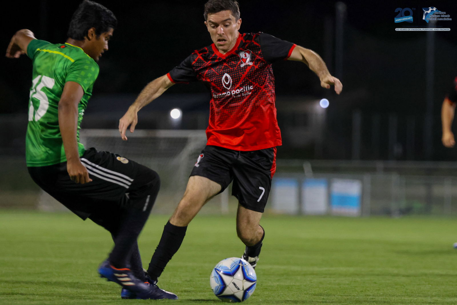 Paire Football Club's Jody O'Sullivan attempts to outmaneuver a defender during a match against the Bangladesh Football Club in the Marianas Soccer League 2 Spring 2025 at the NMI Soccer Training Center on Friday last week.NMIFA photo