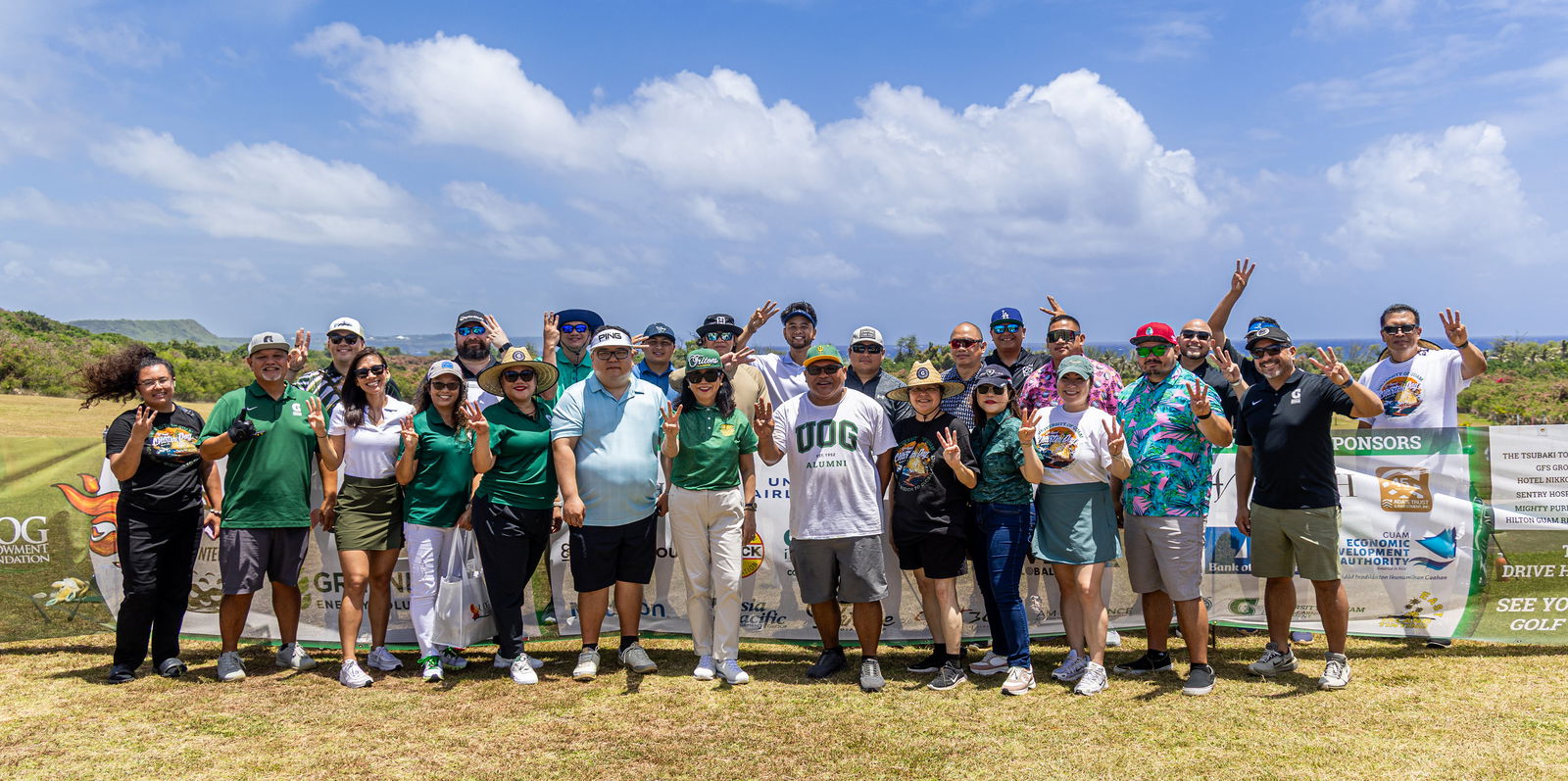 Golfers, organizers, and sponsors hold up the Trident hand sign at the University of Guam Golf Challenge held at Country Club of the Pacific on March 30, 2025. The event raised over $20,000 to be used for student scholarships in UOG’s College Affordability Initiative.