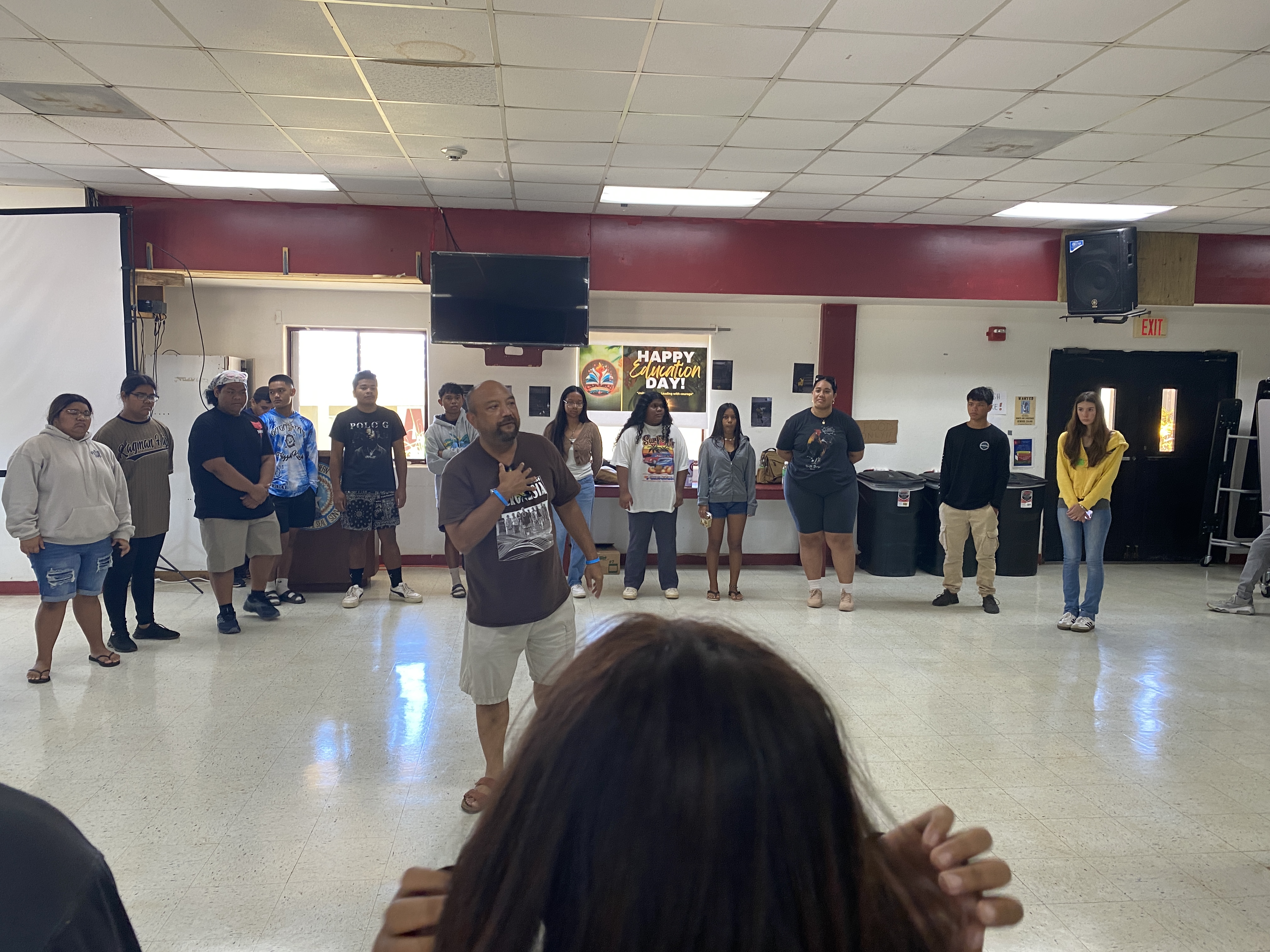 Ova Saopeng, TeAda Productions’ associate artistic director, leads an exercise during a workshop at KHS on Tuesday, April 22.