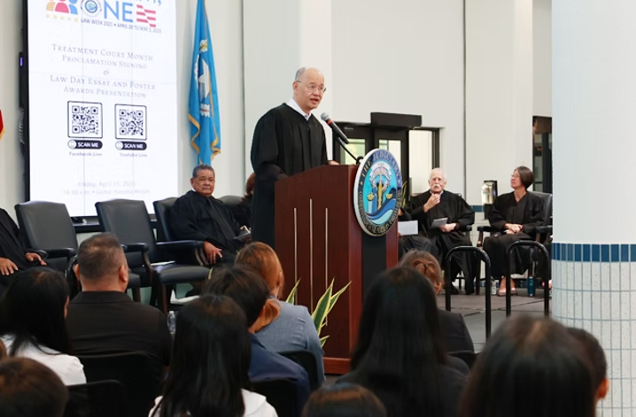 Justice John A. Manglona welcomes guests to Guma’ Hustisia and thanked the community for supporting the Judiciary’s youth and treatment court programs.