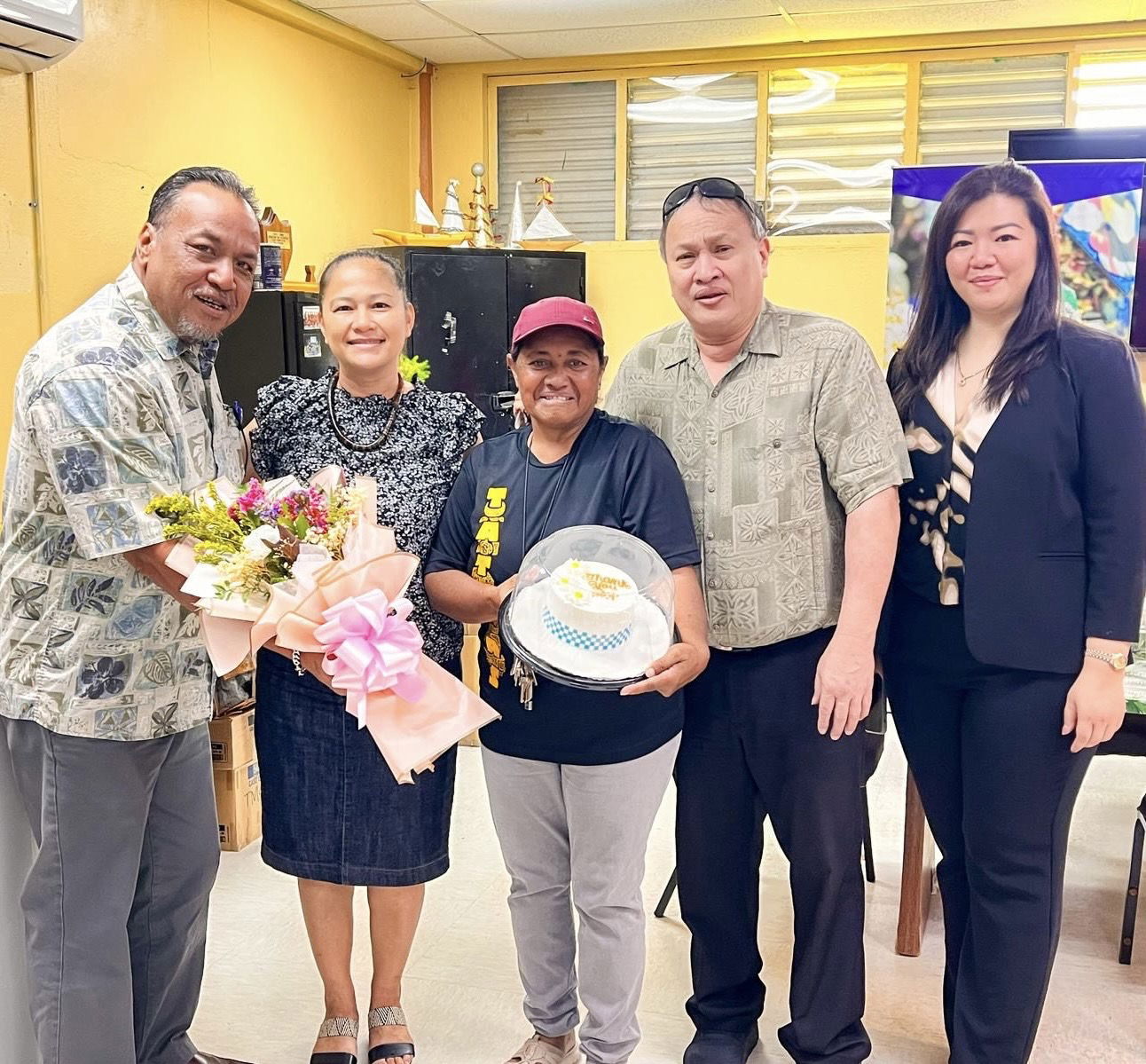 Tanapag Middle School Vice Principal Felisa Telius, third right, with Acting BOE Chairman Anthony Dela Cruz Barcinas, BOE member Andrew L. Orsini, Acting Commissioner of Education Jacqueline P. Che, and Principal Hilda Rios.