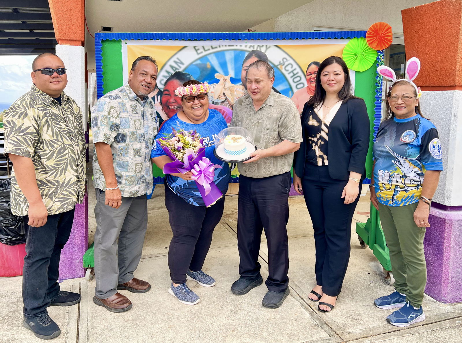 Kagman Elementary School Vice Principal Lareyna Camacho with BOE Acting Chairman Anthony Dela Cruz Barcinas, BOE member Andrew L. Orsini, Acting Commissioner of Education Jacqueline P. Che and Principal Dr. Ignacia Demapan.