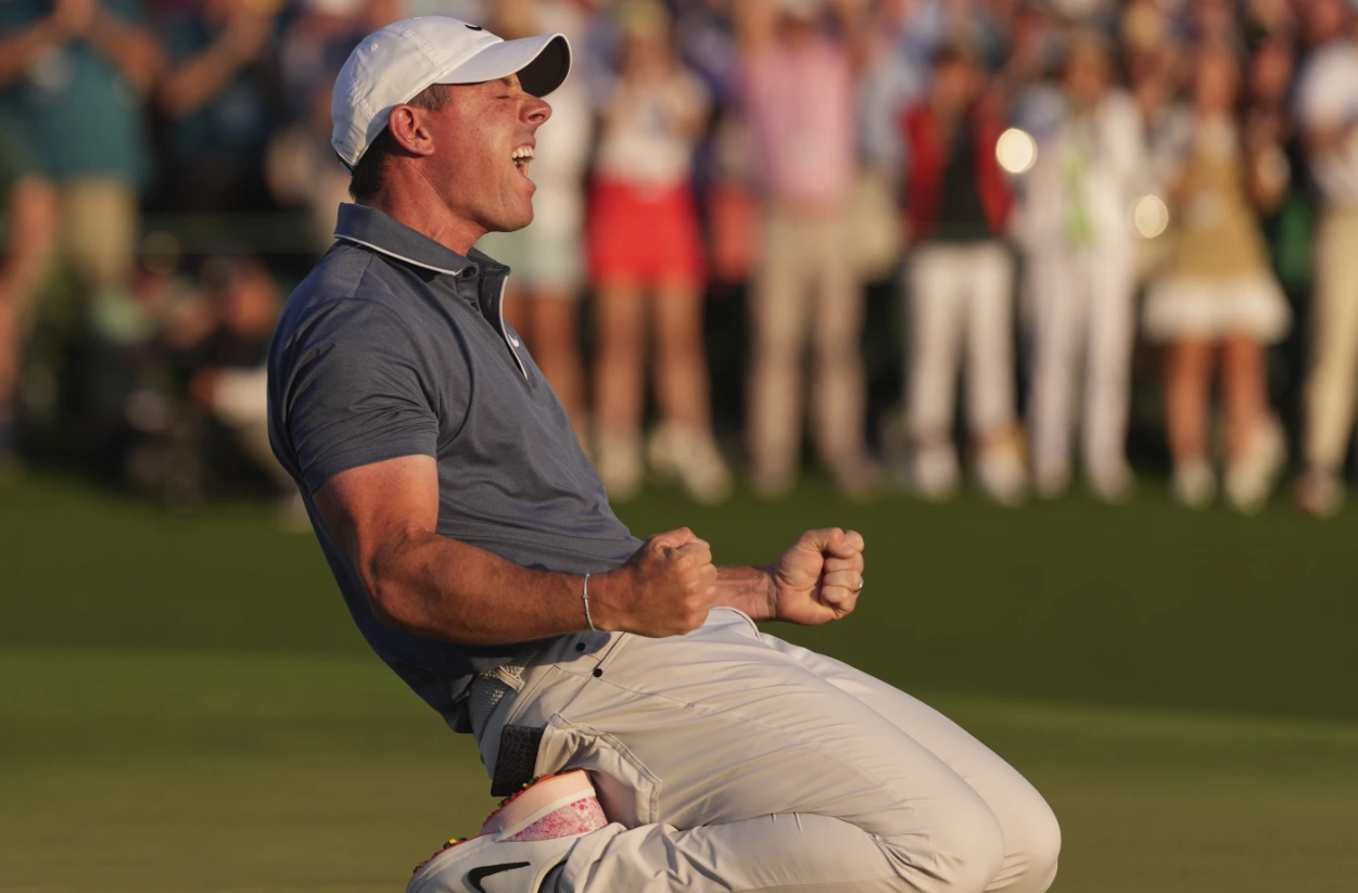 Rory McIlroy reacts after winning in a playoff against Justin Rose after the final round at the Masters golf tournament, Sunday, April 13, 2025, in Augusta, Ga.AP
