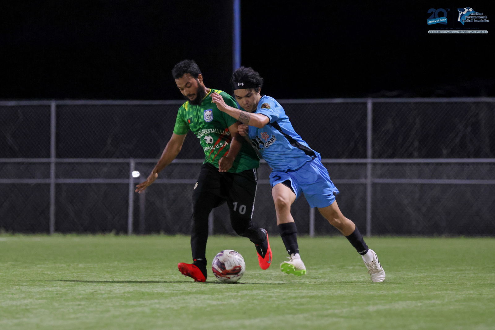 Bangladesh Football Club’s Shakib Shakib and Old B Bank's Andrei Ferrer battle for possession during a match in the Marianas Soccer League 2 at the NMI Soccer Training Center in Koblerville on Wednesday last week.NMIFA photo