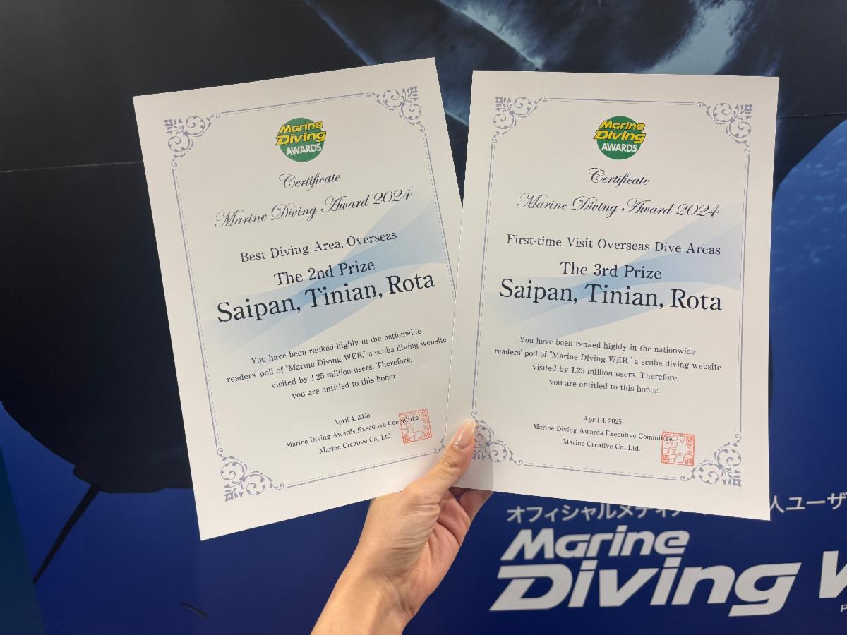 The Marianas — including the islands of Saipan, Tinian, and Rota — are awarded 2nd place for Best Diving Area Overseas and 3rd place for First Time Visit Overseas Dive Areas at Marine Diving Awards in Tokyo, Japan, on April 4, 2025.