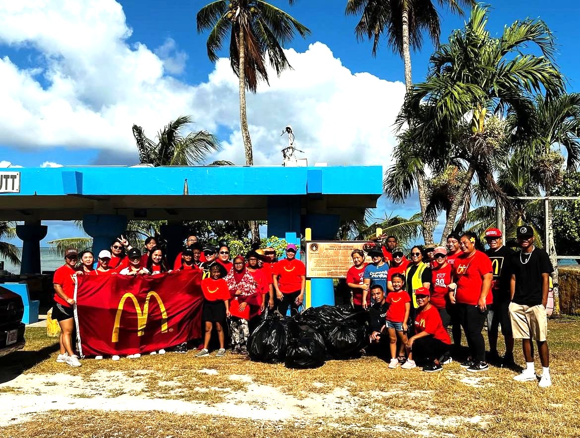 McDonald’s of Saipan volunteers smile for a group photo after participating in the BECQ islandwide cleanup on April 12, 2025. Crewmembers and managers take part in the two-hour event alongside their family members.