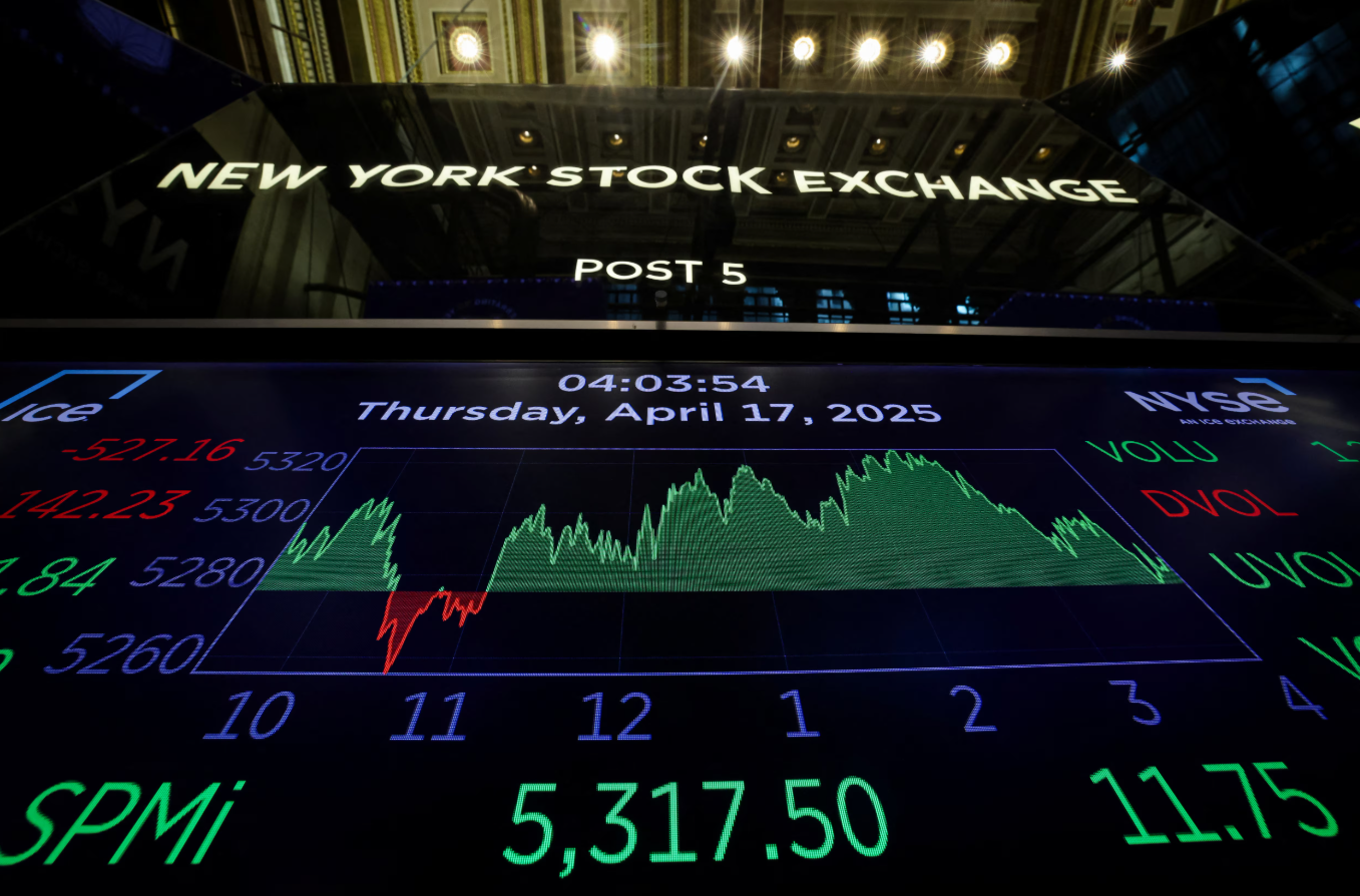A screen displays a chart tracking trading on the floor at the New York Stock Exchange in New York City, April 17, 2025.REUTERS
