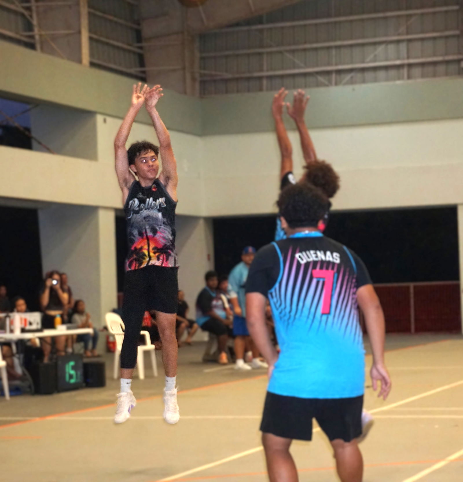 G Rollers’ James Matsumoto takes the three-point shot during the championship game of the NMIBF 2025 U15 Basketball League at the Koblerville gym on Friday.