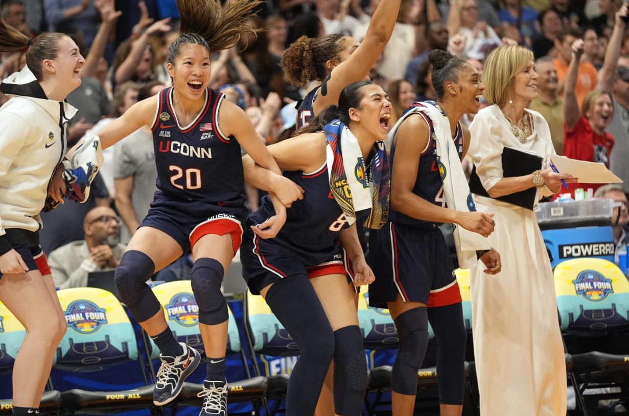 UConn players celebrate during the second half of the national championship game against South Carolina at the Final Four of the women’s NCAA college basketball tournament, Sunday, April 6, 2025, in Tampa, Fla.AP