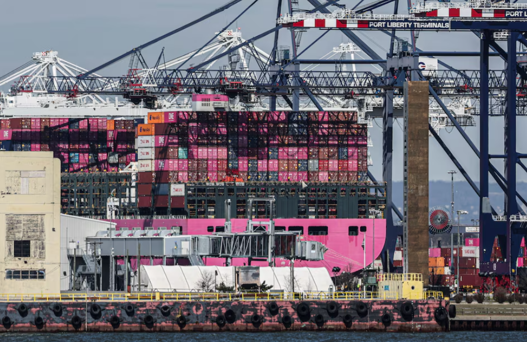 Containers are stacked on the deck of cargo ship One Minato at Port Liberty New York in Staten Island, New York, April 2, 2025.REUTERS