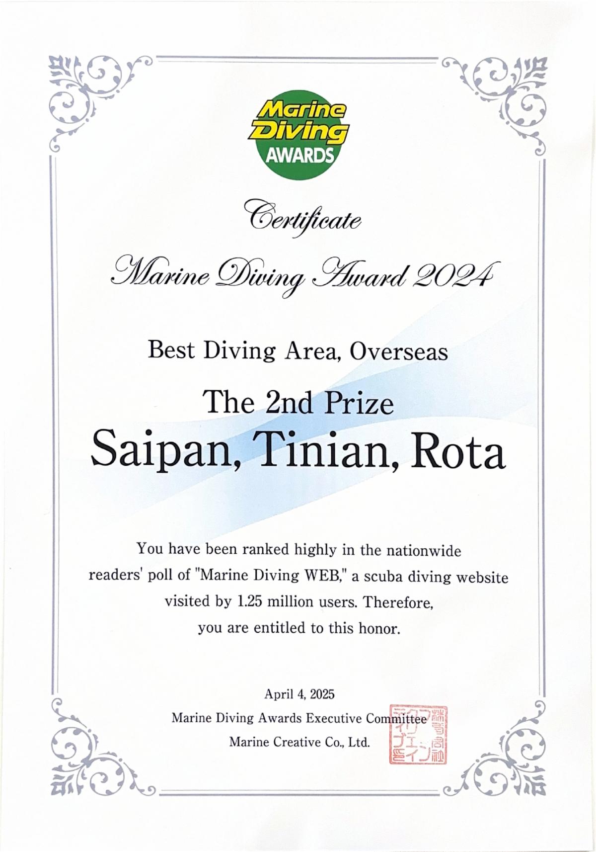 The Marianas — including the islands of Saipan, Tinian, and Rota — are awarded 2nd place for Best Diving Area Overseas and 3rd place for First Time Visit Overseas Dive Areas at Marine Diving Awards in Tokyo, Japan, on April 4, 2025.