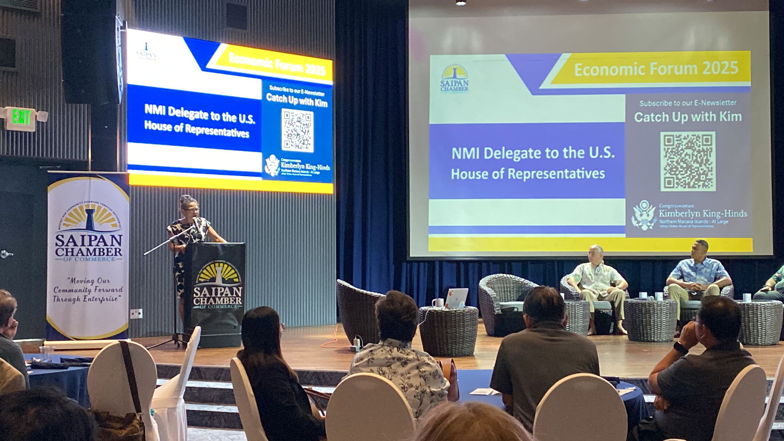 U.S. Congresswoman Kimberlyn King-Hinds speaks to members of the Saipan Chamber of Commerce on Wednesday.