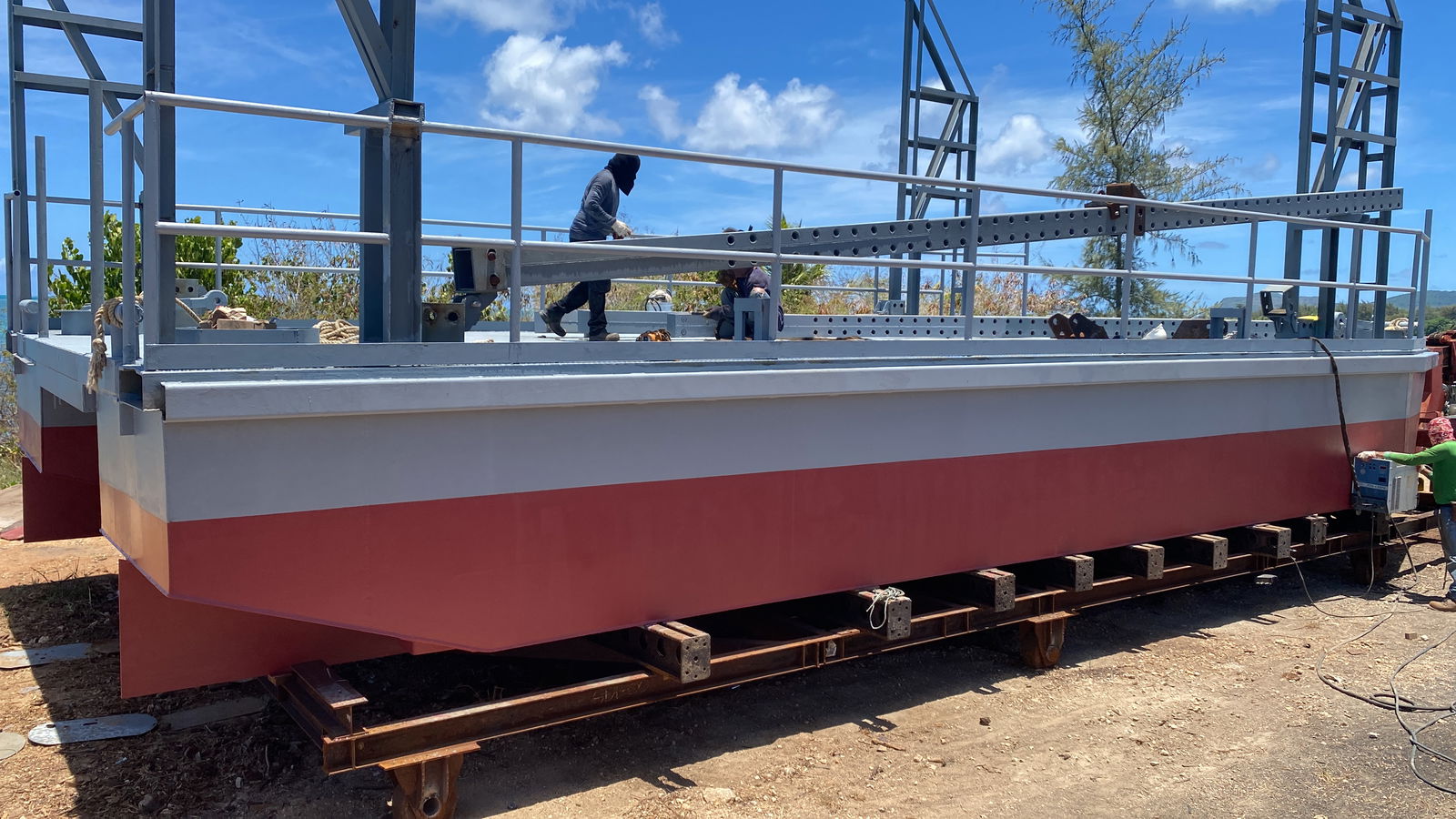 Tano Group employees created the barge on Saipan. Prior to launching, it sat at the location it was fabricated.