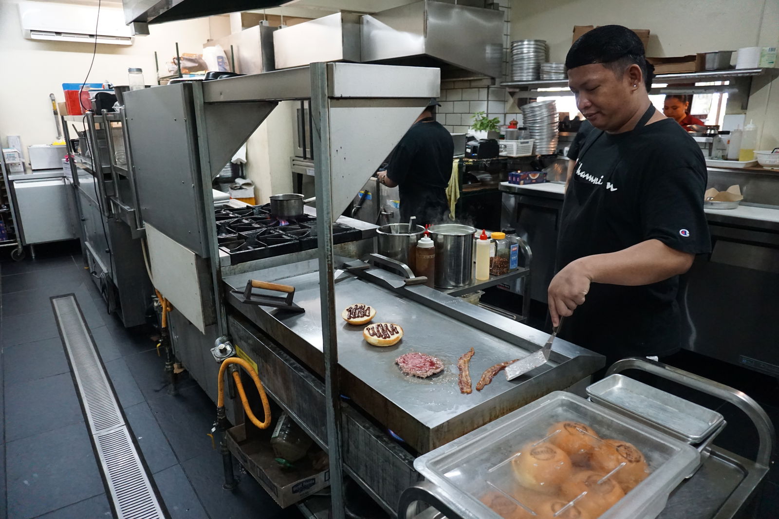 A view from inside the American Pizza and Grill kitchen. 