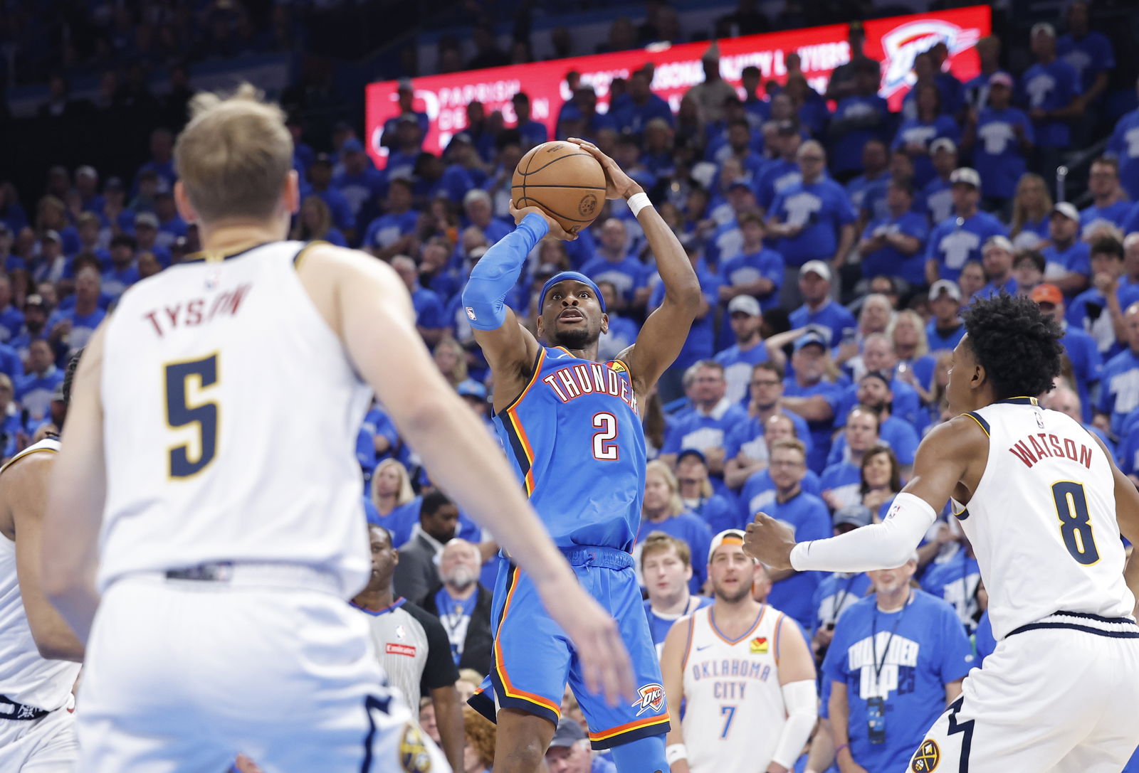 Oklahoma City Thunder guard Shai Gilgeous-Alexander (2) shoots against the Denver Nuggets in the second half during game seven of the second round for the 2025 NBA Playoffs at Paycom Center in Oklahoma City, May 18, 2025.Photo by Alonzo Adams/Imagn Images