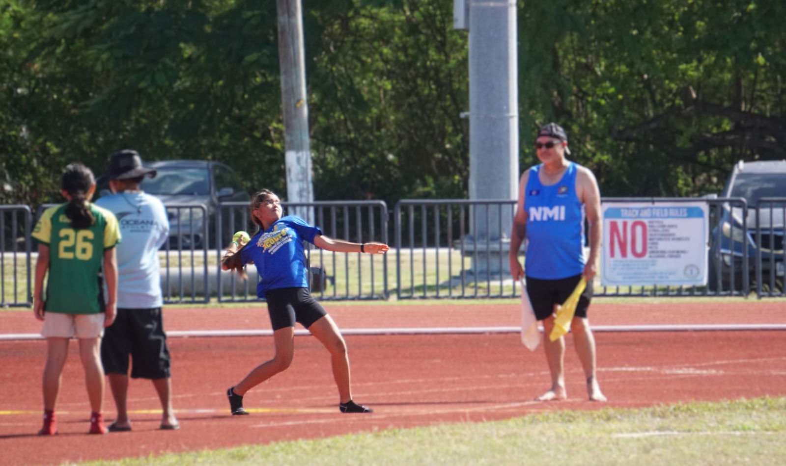 A Tinian Elementary School student winds up for a throw during the girls 12U softball throw championship in the elementary school division of the PSS-McDonald's All School Track and Field SY 24-25 at the Oleai Sports Complex on Saturday.Photo by James F. Sablan Jr.