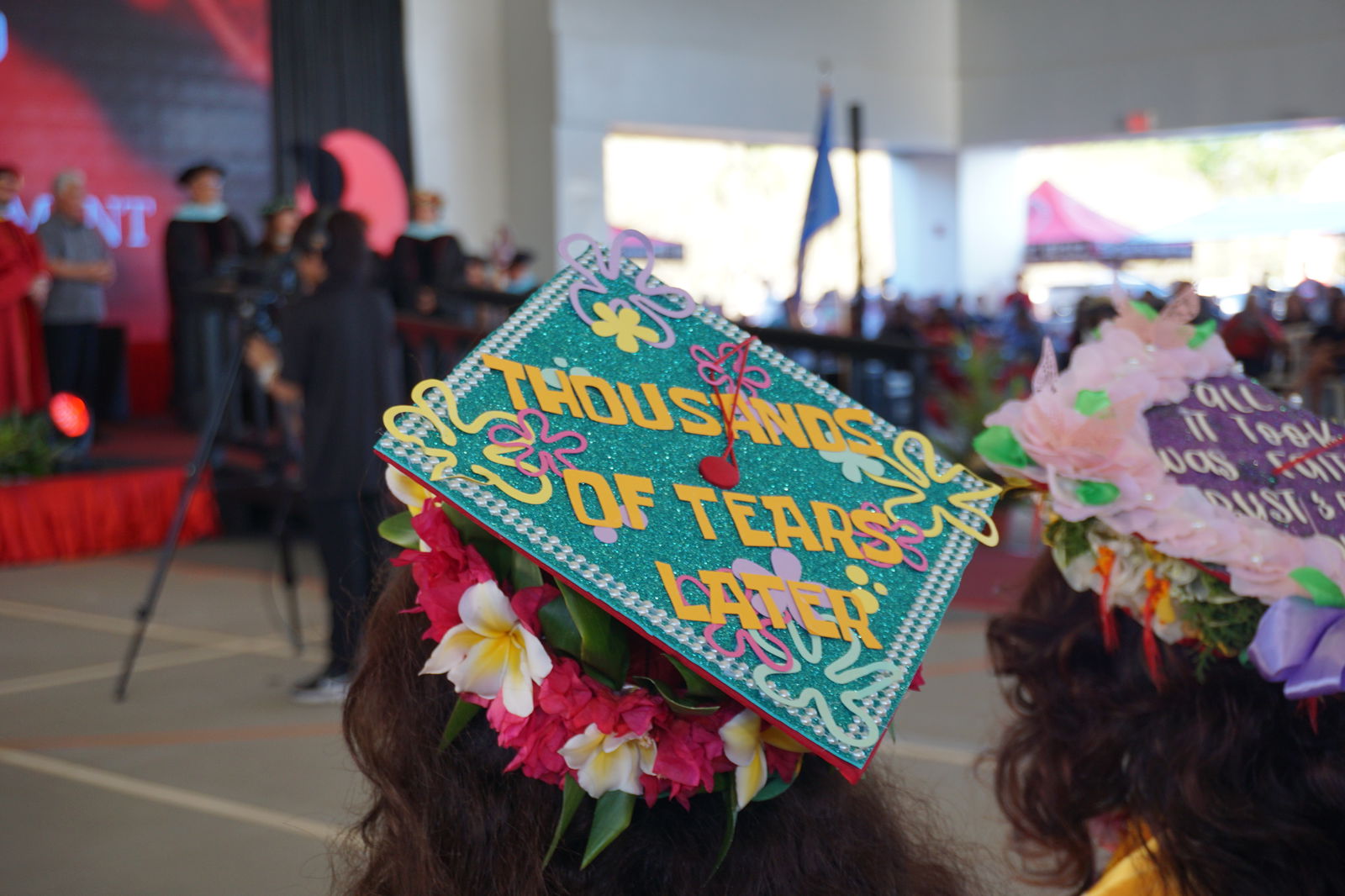 A student's decorated cap at the graduation ceremony.