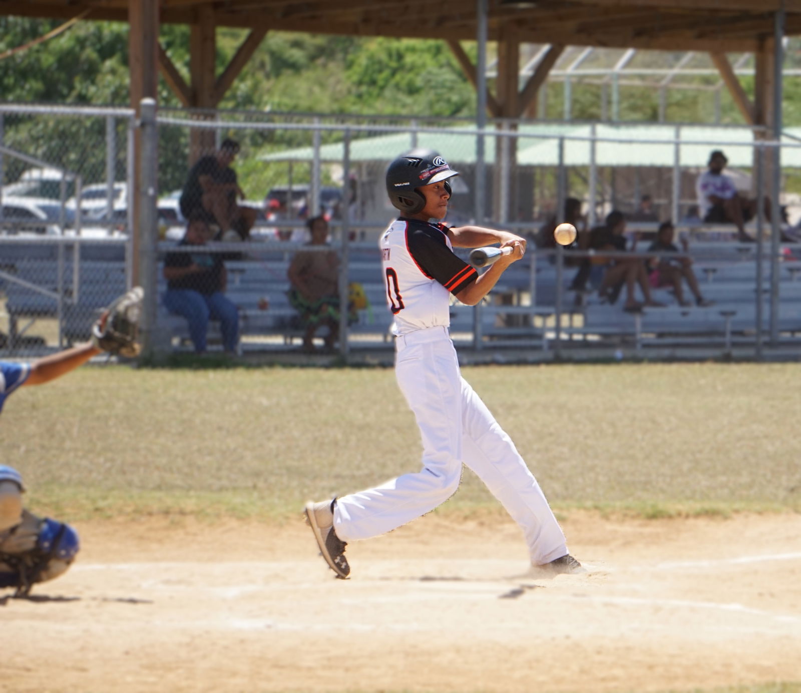 Bears Jr.’s Nicko Martin connects a single during a game against Blue Jays Jr. in the junior division of the 2025 Saipan Little League Baseball at the Francisco "Tan Ko" Palacios Baseball Field on Saturday.Photo by James F. Sablan Jr.