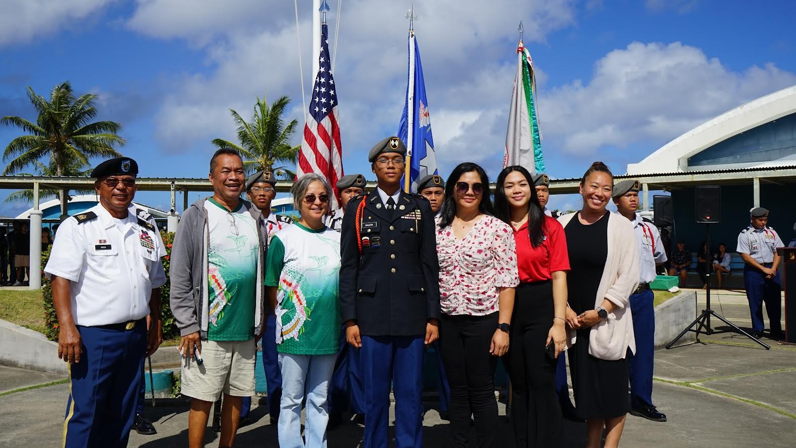 Newly promoted C/LTC Jolash Saluta stands with CSM (Ret.) Richard Basa, SSHS Principal Vince Dela Cruz, SSHS Vice Principal Arisa Sakai-Peters, BOE Teacher Representative Dr. Dora Miura, and Saluta family members.