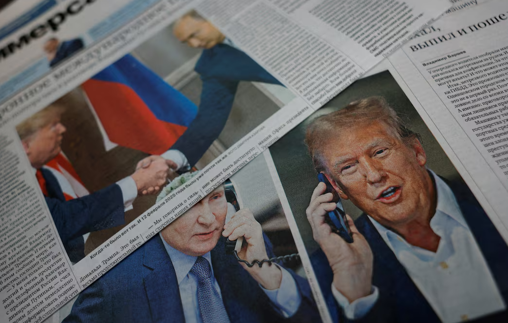 Daily newspapers with covers dedicated to the recent phone call of Russian leader Vladimir Putin and President Donald Trump, are laid out at a newsstand in a street in Moscow, Russia, Feb. 13, 2025.REUTERS