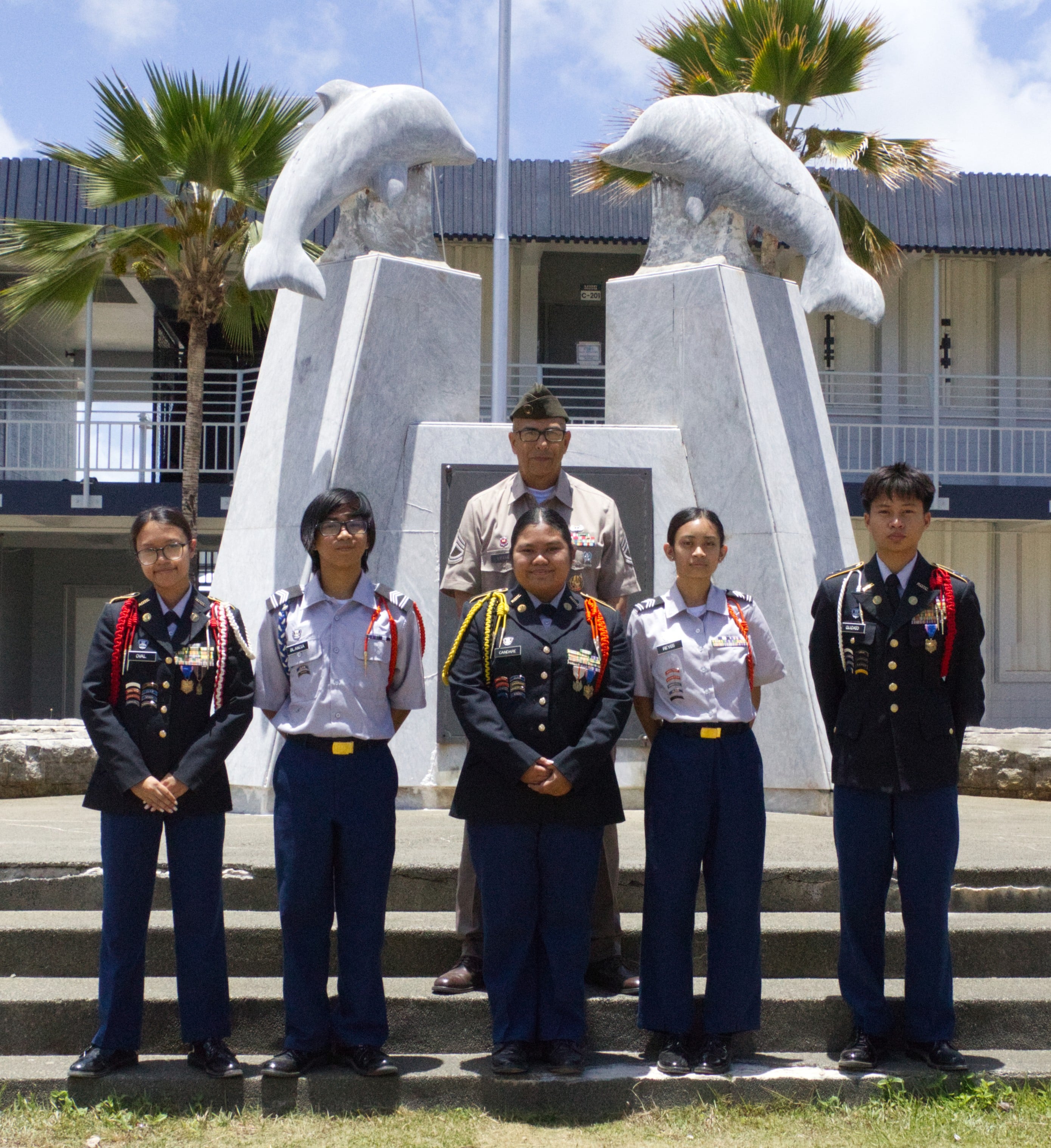 The Marianas High School JROTC Leadership Team will compete in the 2025 U.S. Army JROTC Leadership Bowl Championship in Washington, D.C. in June. Also in photo is their instructor, retired Sgt. First Class Albert Lujan.MHS JROTC photo
