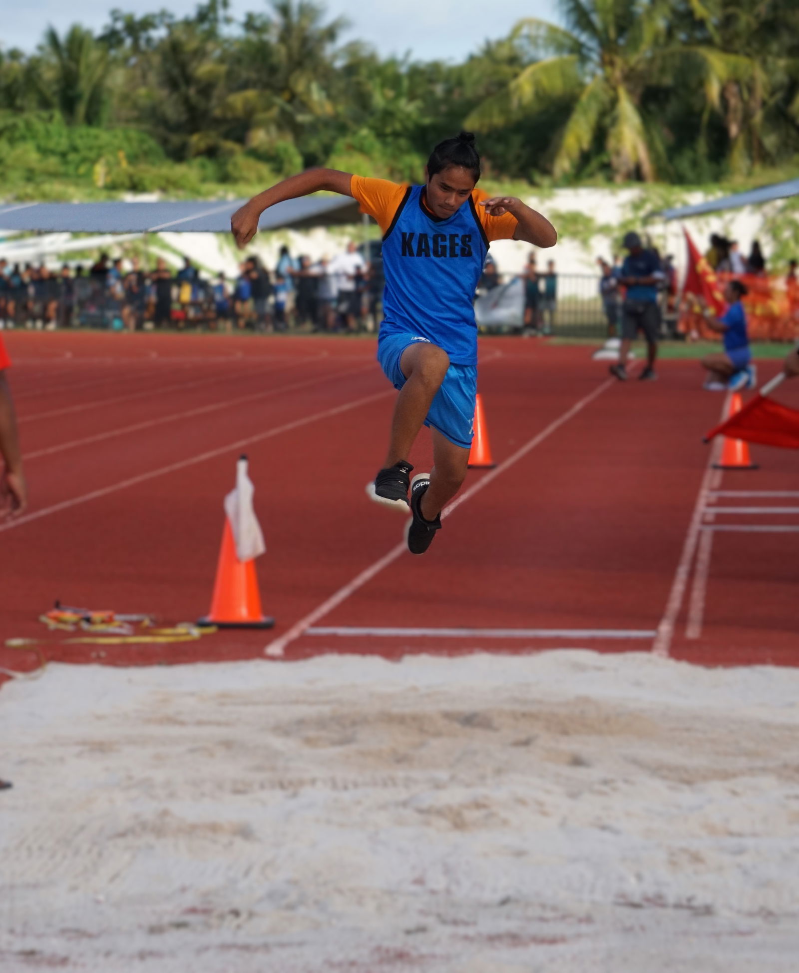 A Kagman Elementary School student takes off during the 12U long jump championship in the elementary school division of the PSS-McDonald's All School Track and Field SY 24-25 at the Oleai Sports Complex on Saturday.Photo by James F. Sablan Jr.
