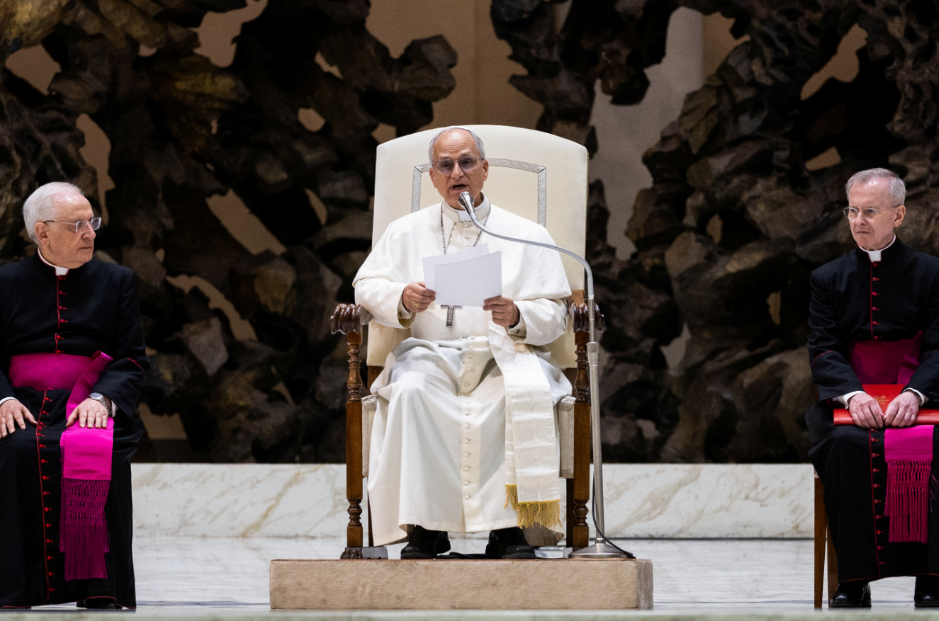 Pope Leo XIV holds an audience with representatives of the media at the Vatican, May 12, 2025.