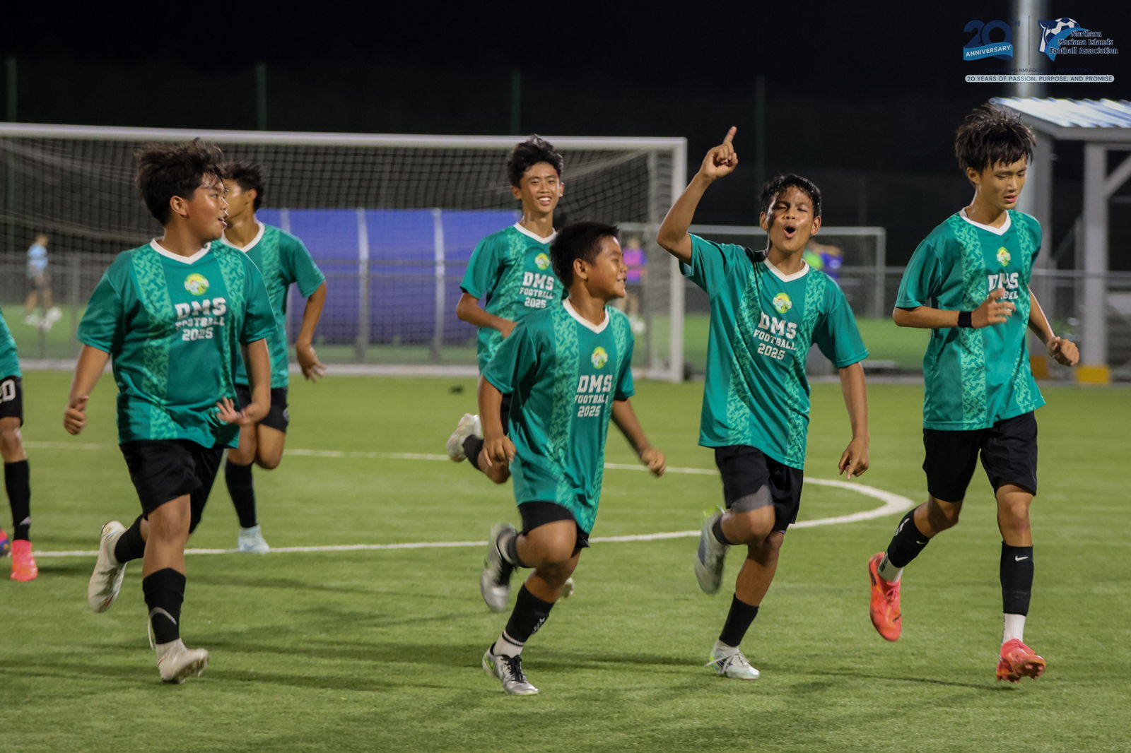Dandan Middle School players celebrate after scoring a goal during the title match against Hopwood Middle School in the boys middle school division of the PSS-NMIFA Interscholastic Soccer League SY24-25 at the NMI Soccer Training Center in Koblerville on Thursday.NMIFA photo