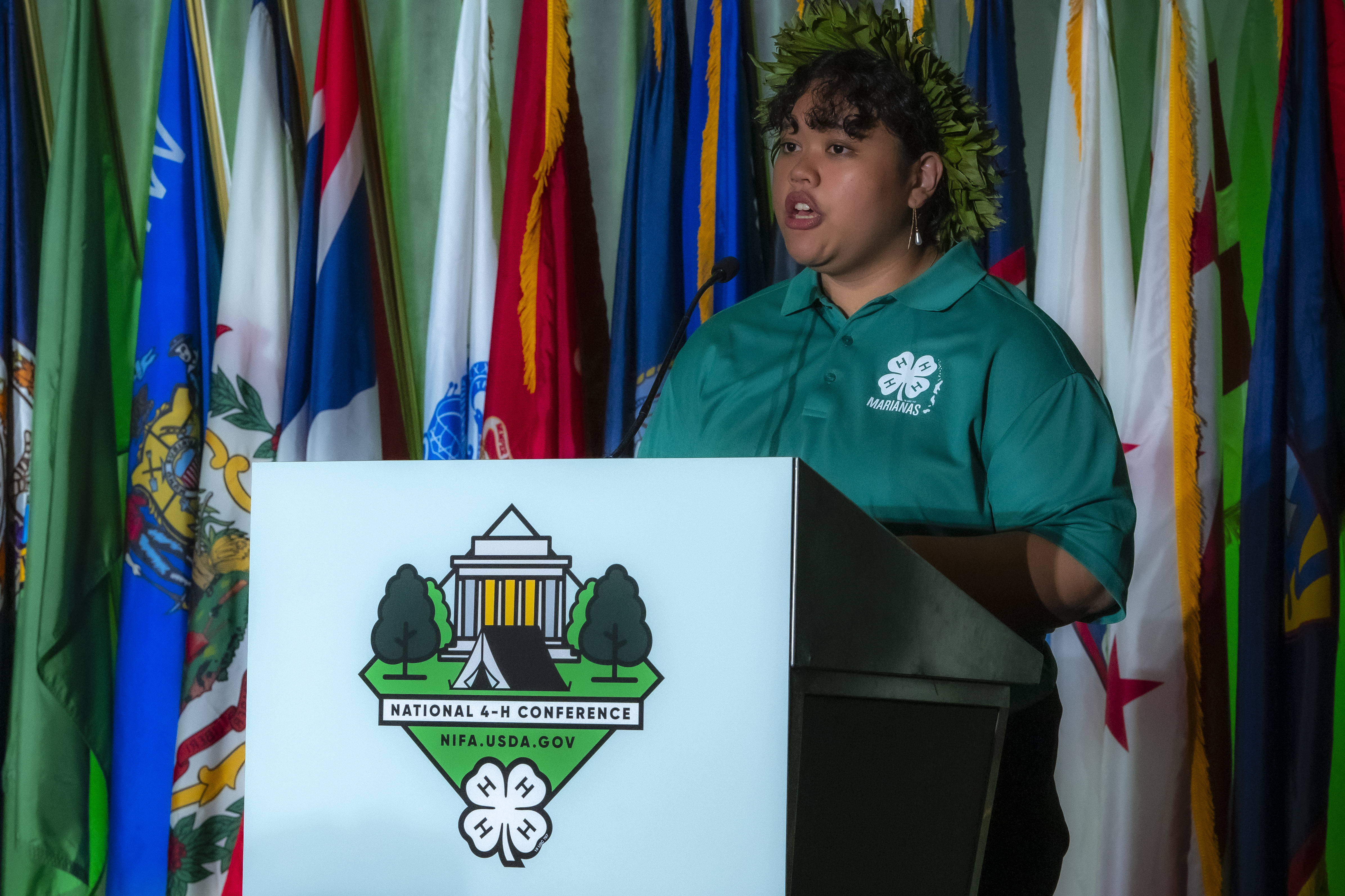 Sylvia Sanchez, a senior at Marianas High School and current secretary of the 4-H Marianas Saipan Island Council, addresses fellow 4-H’ers at the National 4-H Conference.