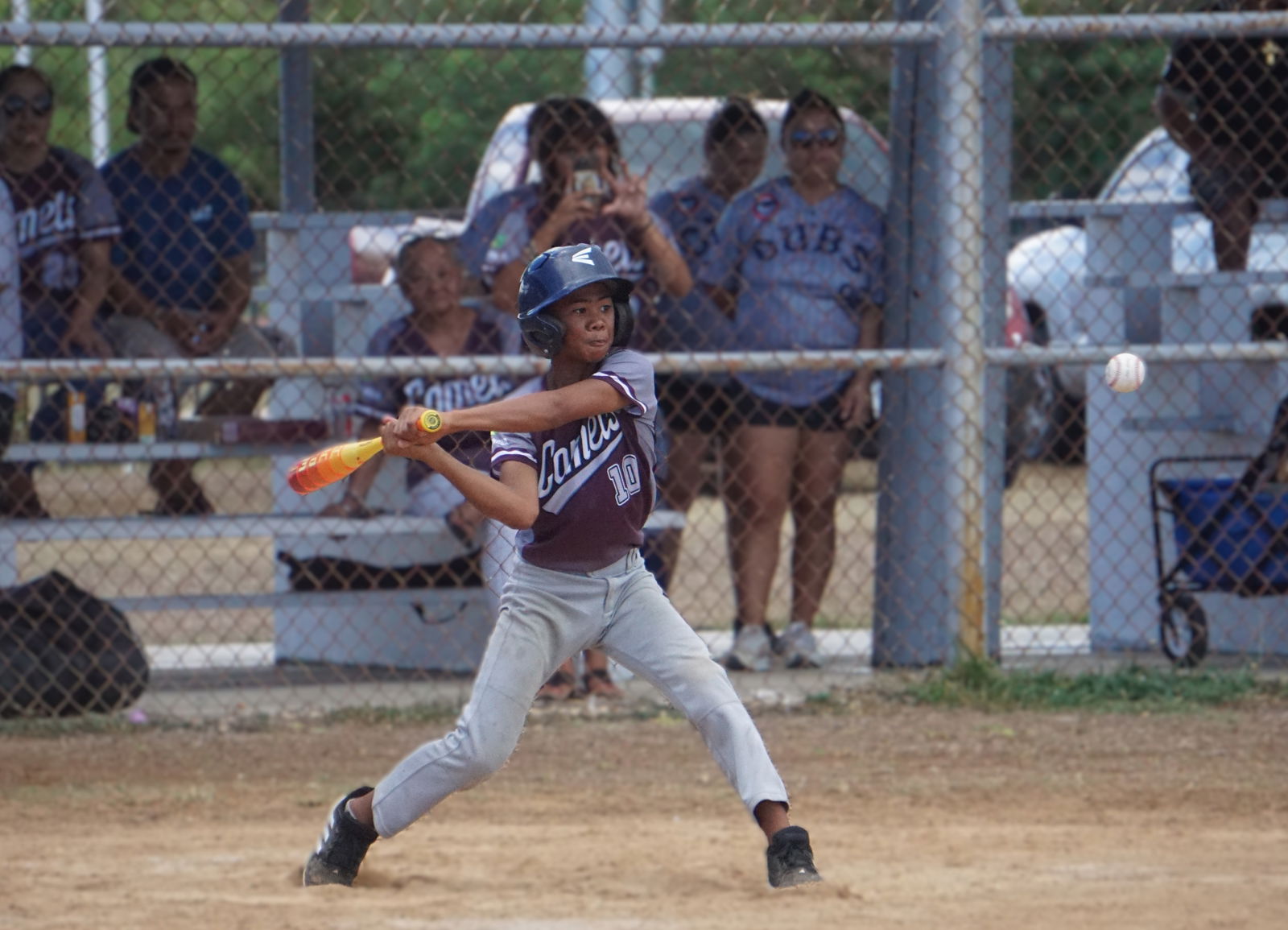 The Comets’ Jaylon Deleon Guerrero swings during a game against the Braves in the Majors Division of the 2025 Saipan Little League Baseball season at the Miguel "Tan Ge" Pangelinan Ballfield on Saturday.Photo by James F. Sablan Jr.