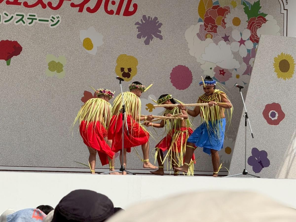 The Carolinian dance group Refaluwasch Domatsuri Warriors performs at Hiroshima Flower Festival 2025 on May 4, 2025, in Hiroshima, Japan. The group was part of a delegation from the Marianas Visitors Authority that participated in the event to promote The Marianas.