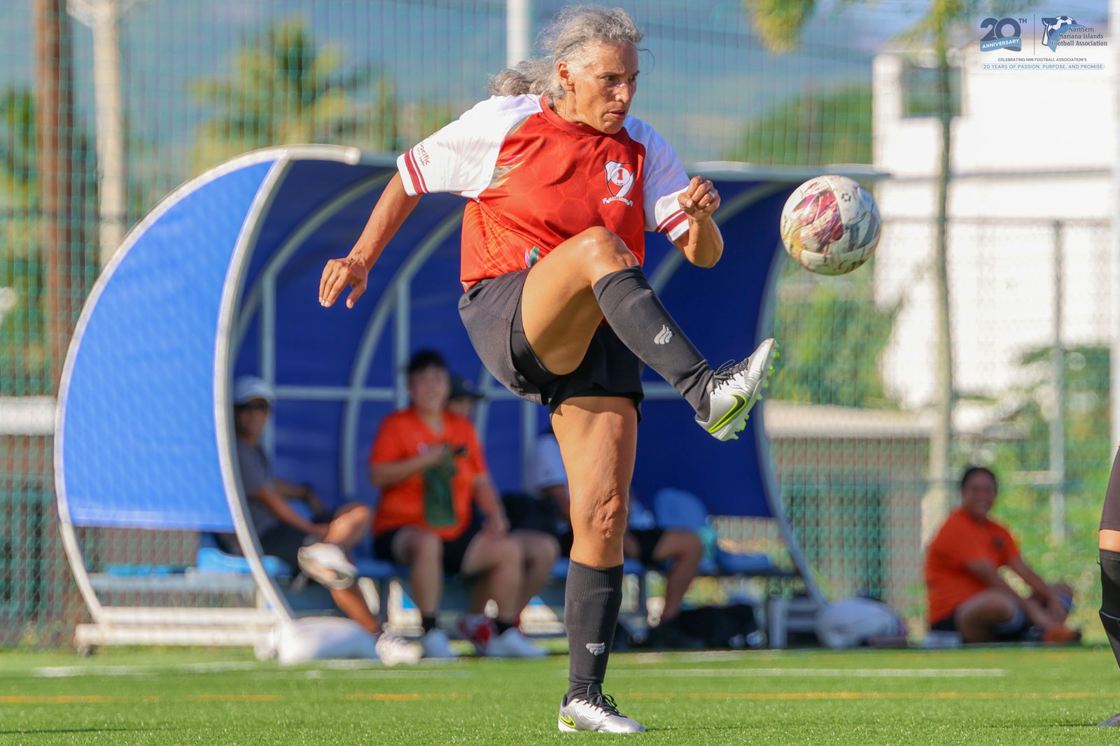 Paire Football Club’s Maria Ornes reaches out to control the possession during the title match against Kanoa Football Club in the masters division of the Dove Women's League SY24-25 at the NMI Soccer Training Center in Koblerville on Sunday, May 4.NMIFA photo