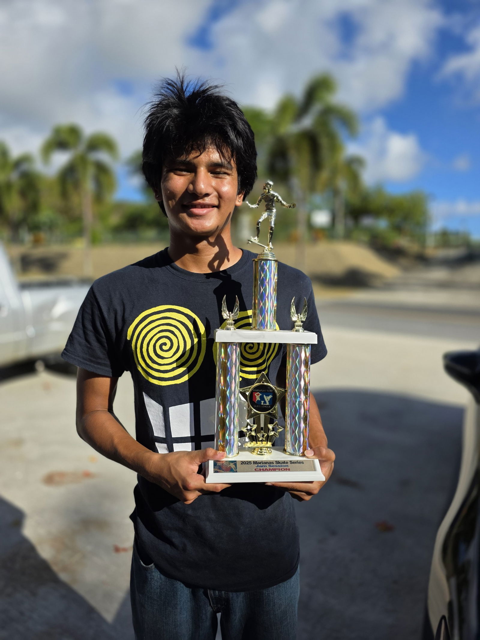 Shuman Barman poses with his first-place trophy in the Jam Session of the Marianas Surf Skate League’s 2025 Marianas Skate Series at Garapan Skate Park on Saturday.Photo by James F. Sablan Jr.