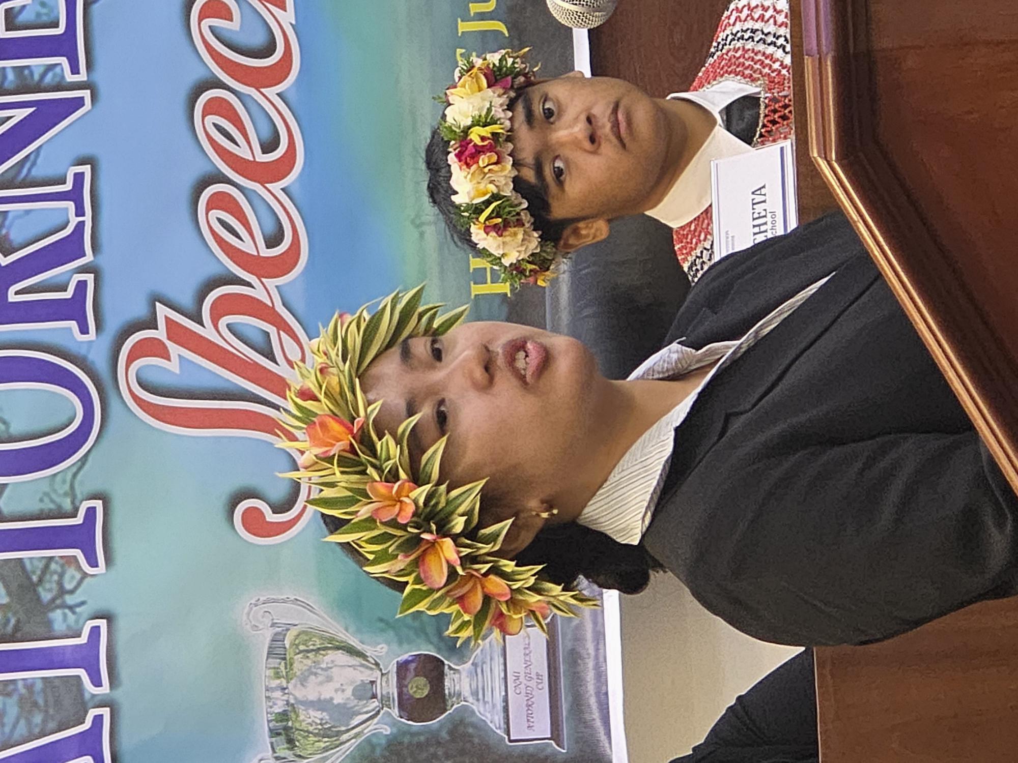 Dianne M. Ladao, a junior at Dr. Rita Hocog Inos Jr. Dr. High School, earned third place. Also in photo is Kagman High School junior Jeffrey John Atalig, who received an honorable mention.