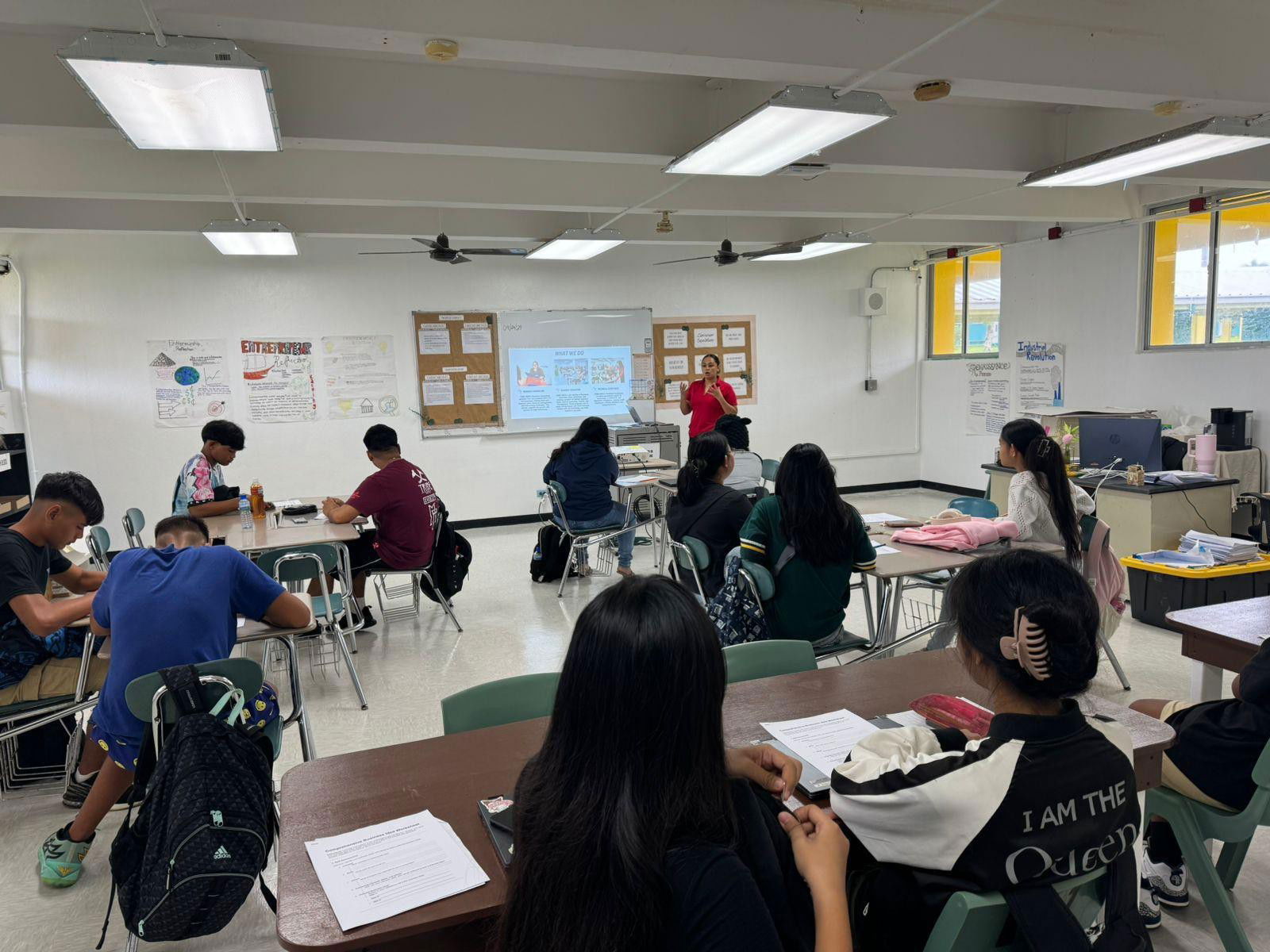 Rota SBDC Director/Business Advisor Charlene M. Ogo, visits the Business Ownership students at Dr. Rita H. Inos Jr/Sr High School to conduct business workshops leading to the Shark Tank competition.