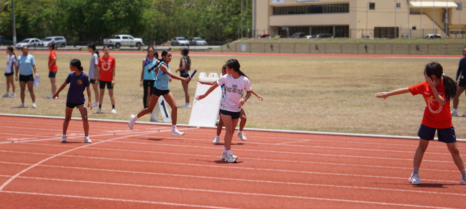 Saipan International School leads the girls 14U 4x400M finals event in the PSS-McDonald's All Schools Track and Field SY24-25 championships at the Oleai Sports Complex on Saturday.Photo by James F. Sablan Jr.