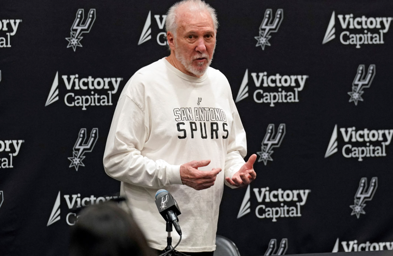 San Antonio Spurs head coach Gregg Popovich answers questions during Media Day at Victory Capital Performance Center in San Antonio in San Antonio, Texas, Sept. 30, 2024.
