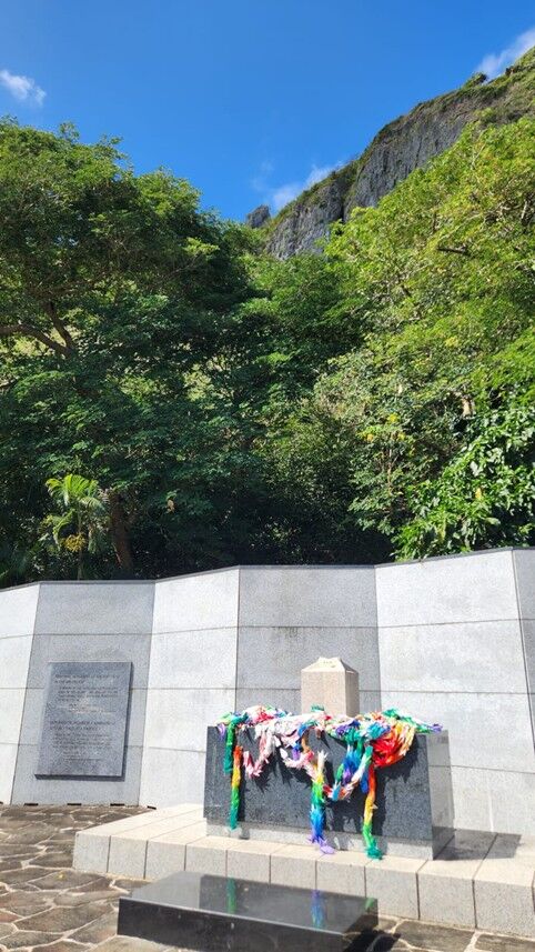 Ceremonial “senbazuru” are laid at the Japanese Memorial on Saipan in The Marianas on May 10, 2025. The Marianas is the site of several annual pilgrimages by devotees from Japan who pray for world peace and for individuals who lost their lives in the islands during the World War II.