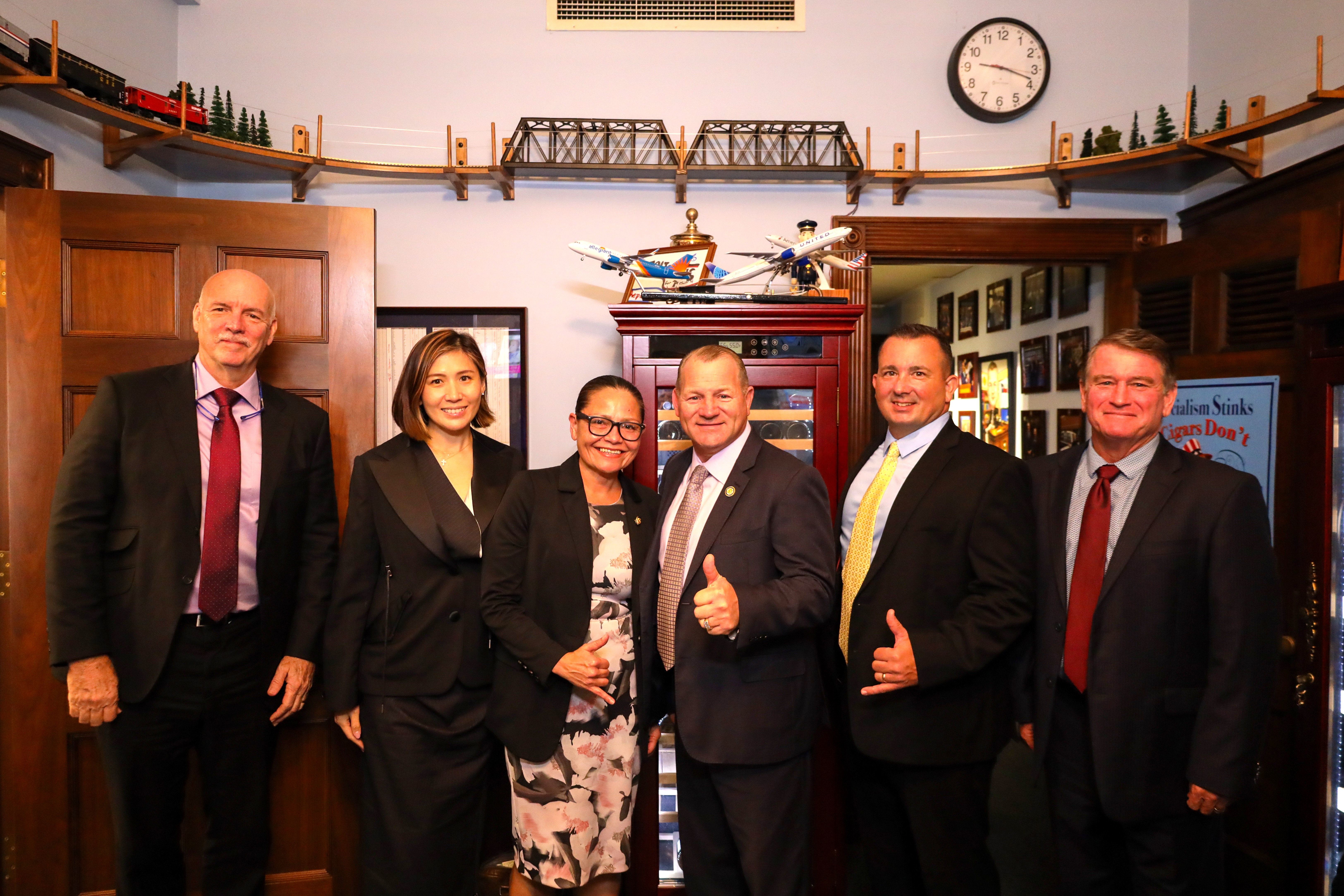 From left, Dave Burger of Burger Comer & Associates, representing HANMI; Jennifer Tan Su of Tan Holdings; U.S. Congresswoman Kimberlyn King-Hinds; U.S. Congressman Troy Nehls; Brad Ruszala, representing the Saipan Chamber of Commerce; and John Stewart of Micronesian Air Cargo Services.Office of the CNMI Congressional Delegate photo