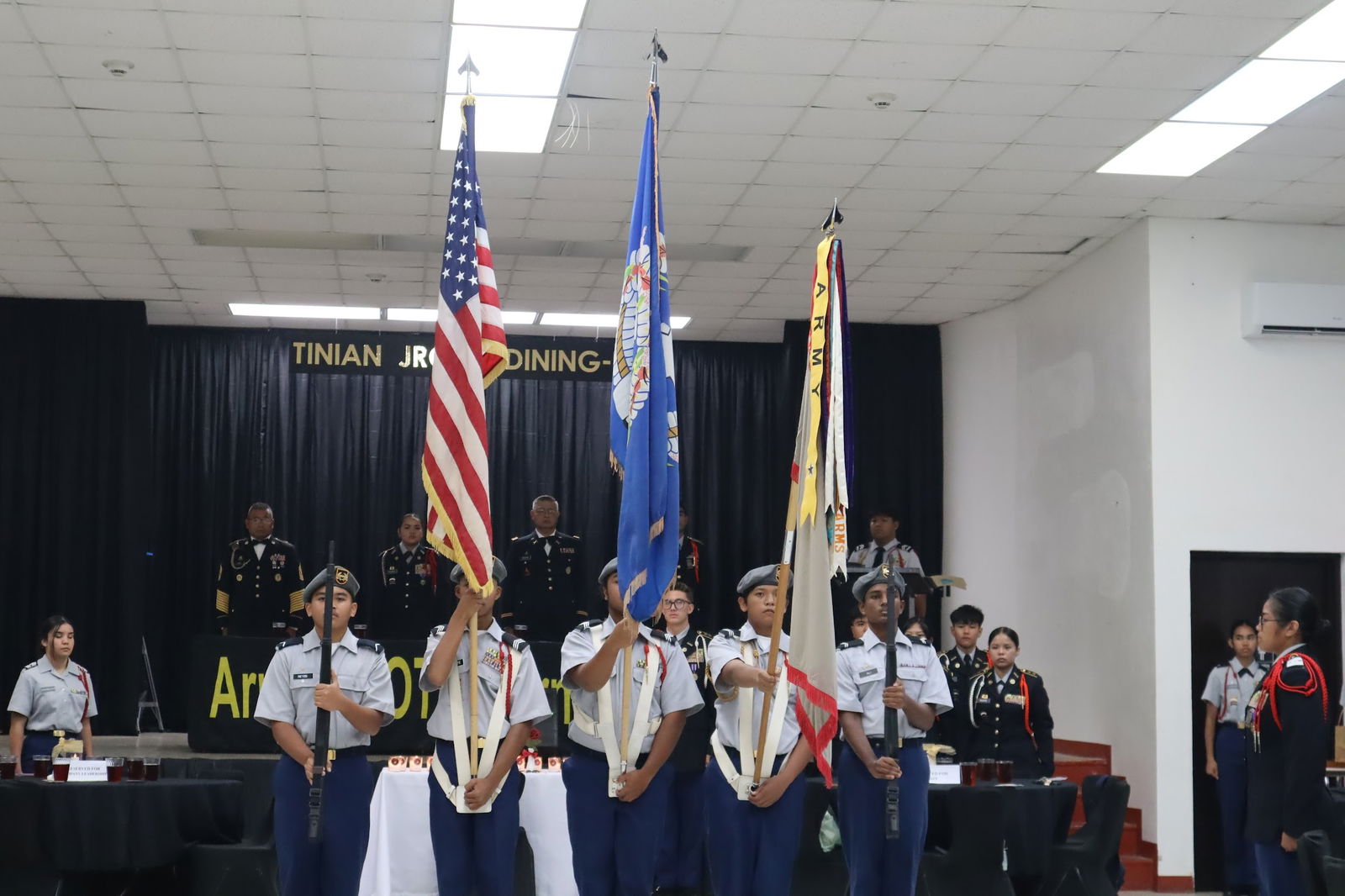 The Stallion Battalion color guard presents the flags.Photo by C/CPT Sofia Del Rosario