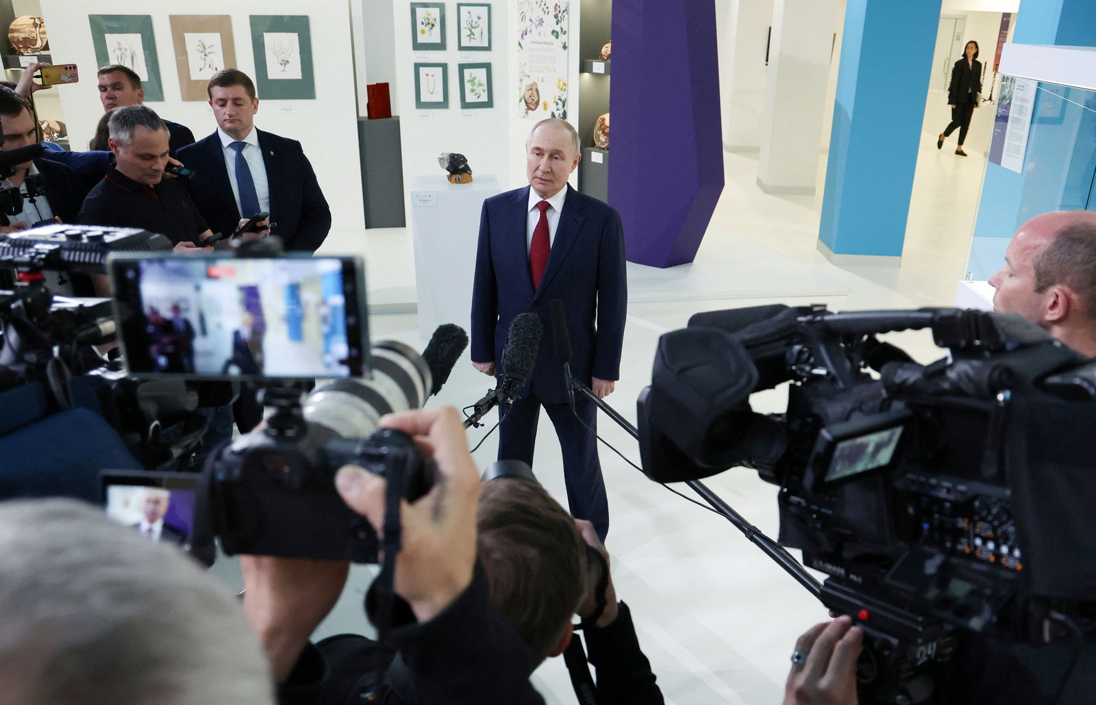 Russian leader Vladimir Putin meets with journalists following a phone call with President Donald Trump at the Sirius educational center for gifted children near Sochi in the Krasnodar region, Russia, May 19, 2025.REUTERS