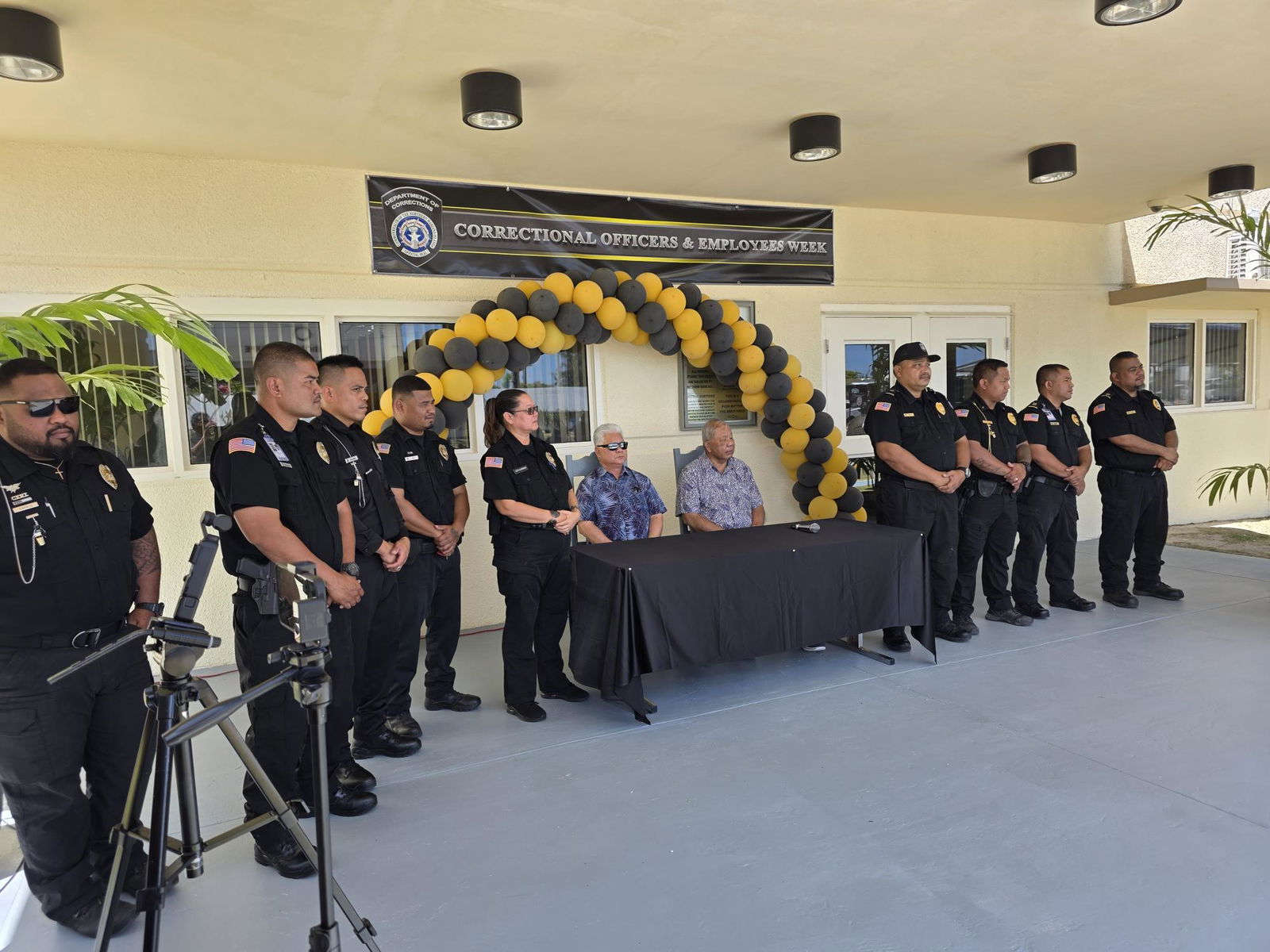 Gov. Arnold I. Palacios and Lt. Gov. David M. Apatang with newly promoted Corrections officer during the CNMI Correctional Officers and Employees Week proclamation signing on Monday. 