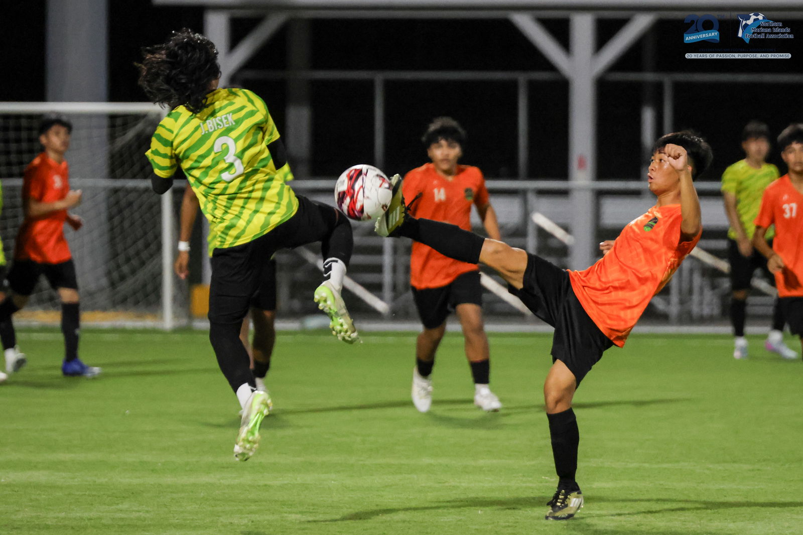 Kanoa’s Akoni Matsumoto extends in an attempt to intercept the possession during the championship match against Matansa in the U17 boys division of the TakeCare Youth Soccer League Spring 2025 at the NMI Soccer Training Center in Koblerville on Saturday.NMIFA photo
